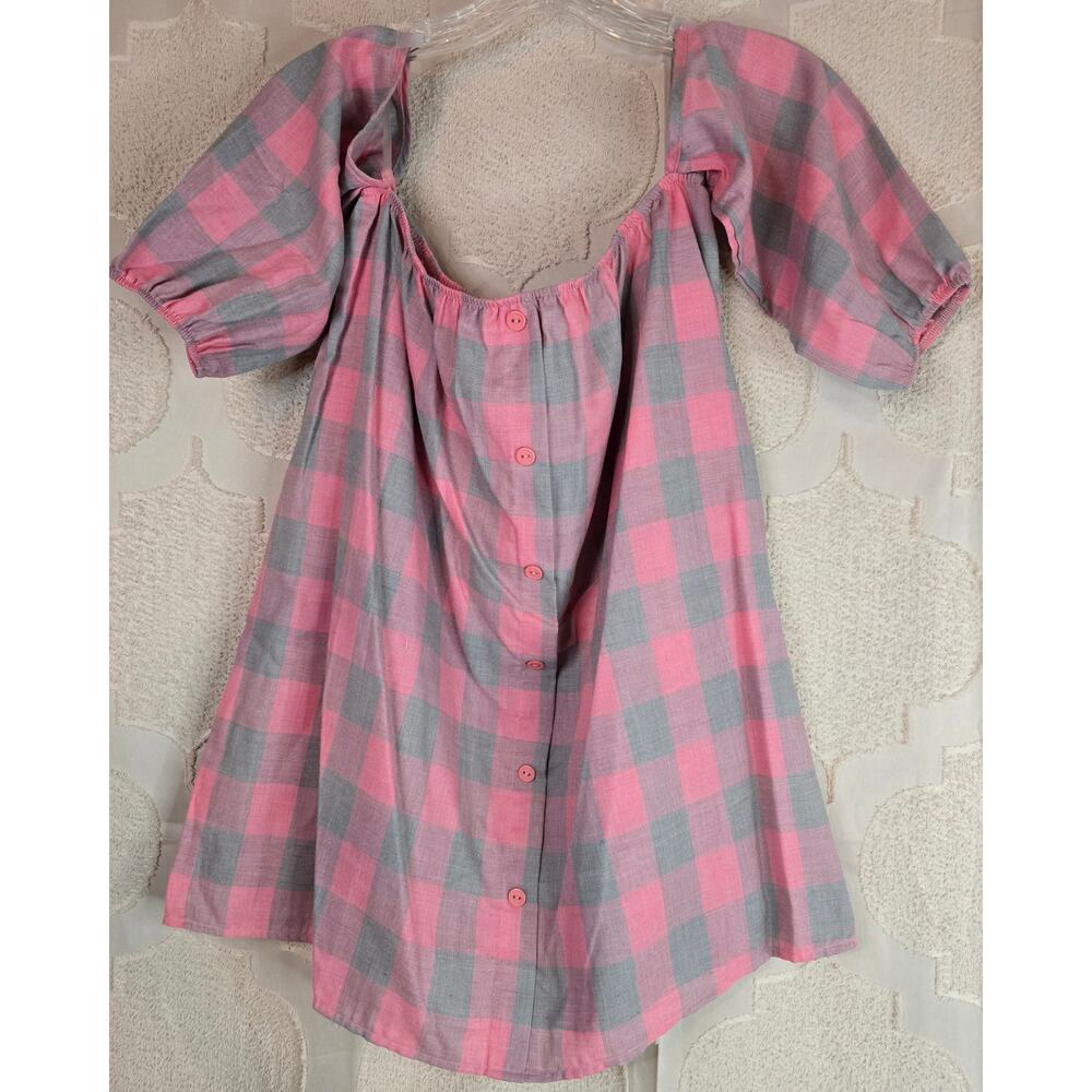 #256 New Women's Pink and Gray Plaid Button Up Off the Shoulder Shirt Size M